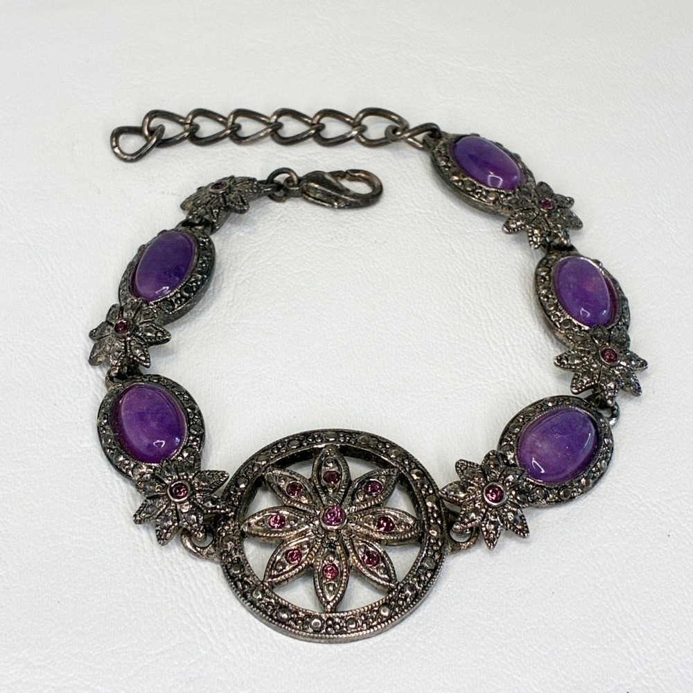 Vintage Premier Designs Bracelet Floral Purple Cabochon Rhinestone Silver Tone - Picture 2 of 11